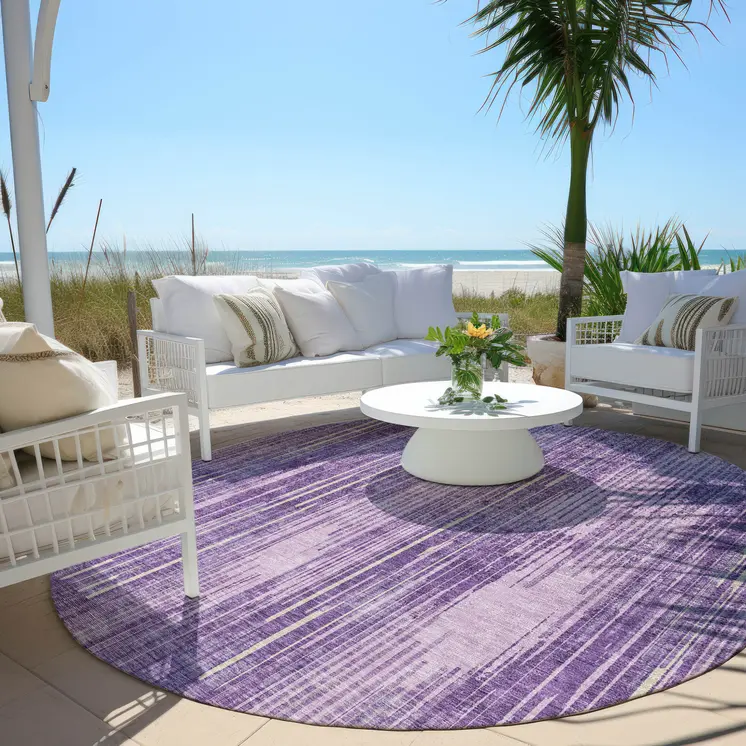 8' Purple And Ivory Round Striped Washable Indoor Outdoor Area Rug