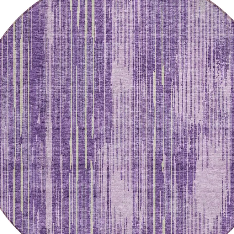 8' Purple And Ivory Round Striped Washable Indoor Outdoor Area Rug