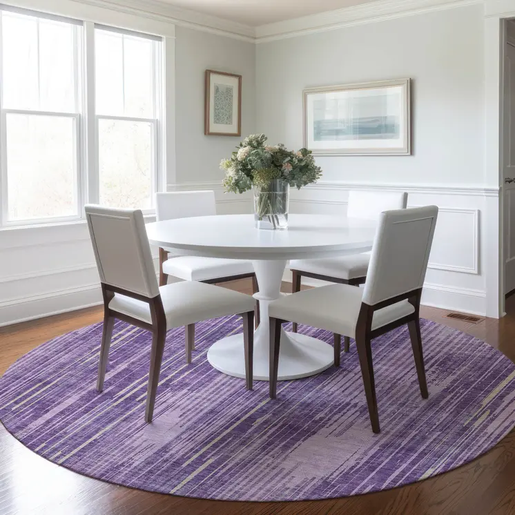 8' Purple And Ivory Round Striped Washable Indoor Outdoor Area Rug