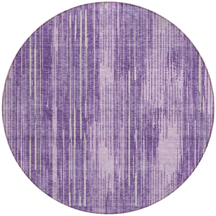 8' Purple And Ivory Round Striped Washable Indoor Outdoor Area Rug