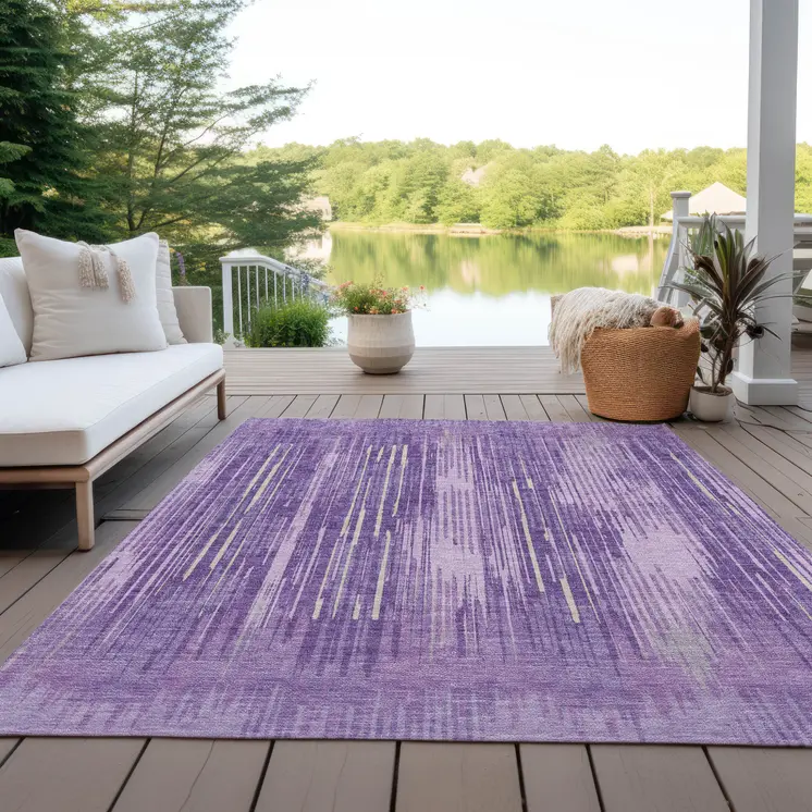 9' X 12' Purple And Ivory Striped Washable Indoor Outdoor Area Rug