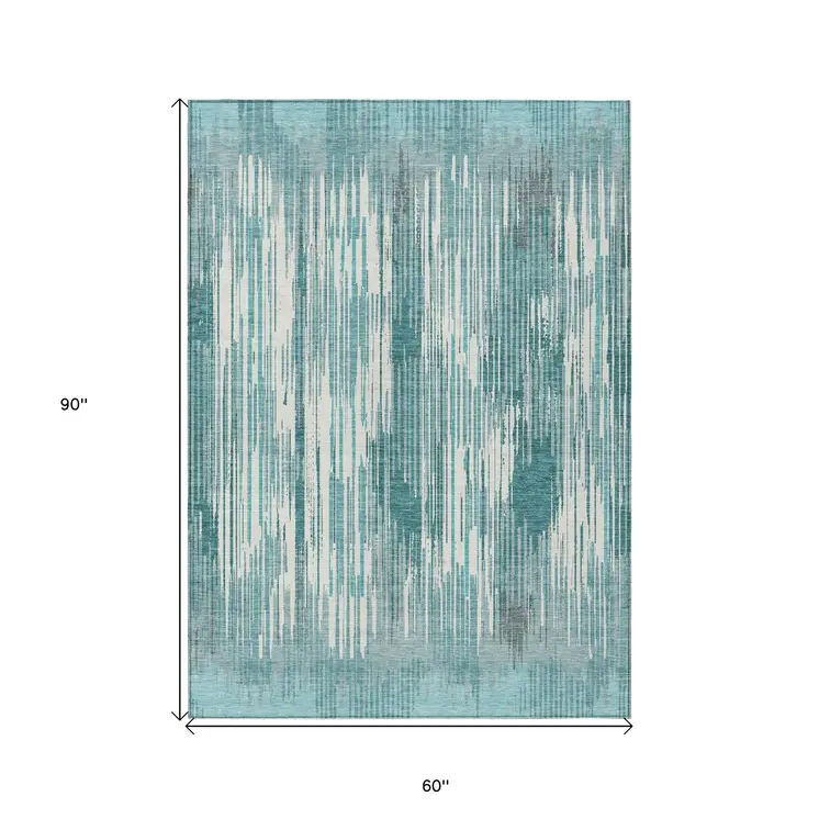 5' X 8' Teal Blue And Ivory Striped Washable Indoor Outdoor Area Rug