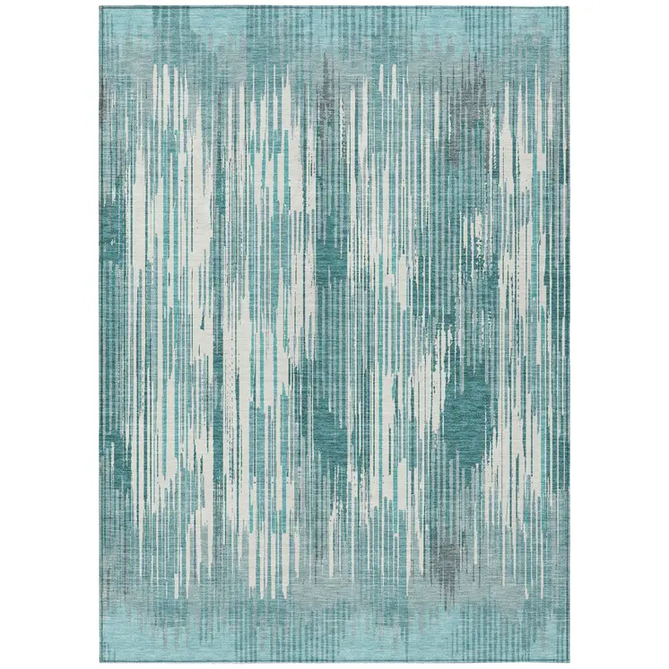 5' X 8' Teal Blue And Ivory Striped Washable Indoor Outdoor Area Rug