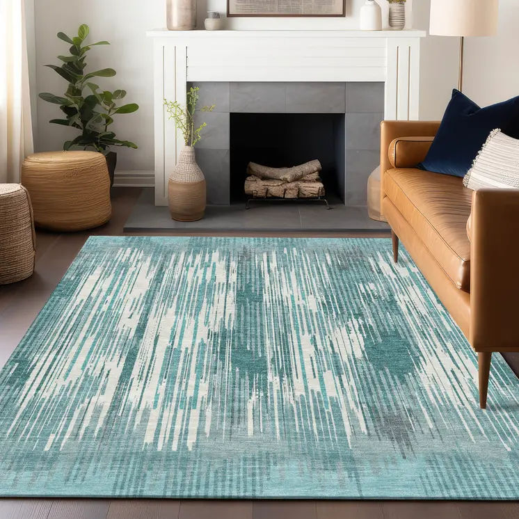 5' X 8' Teal Blue And Ivory Striped Washable Indoor Outdoor Area Rug