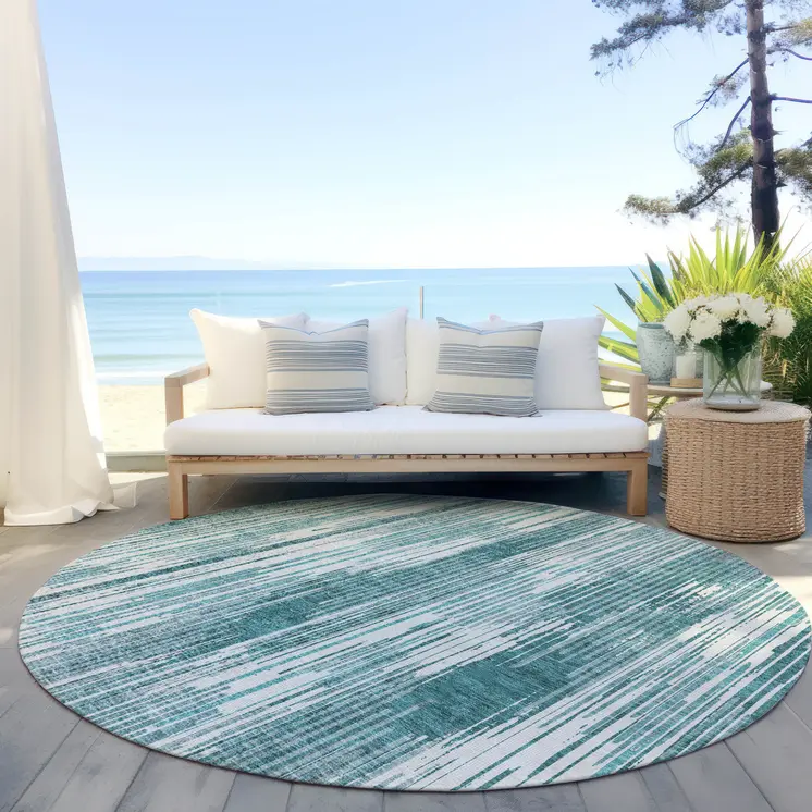 8' Teal Blue And Ivory Round Striped Washable Indoor Outdoor Area Rug