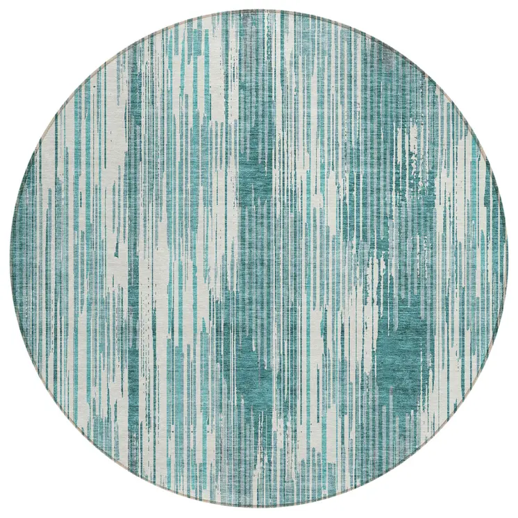 8' Teal Blue And Ivory Round Striped Washable Indoor Outdoor Area Rug