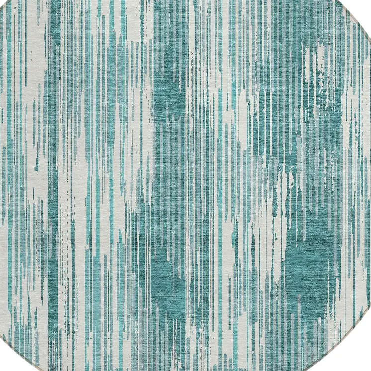 8' Teal Blue And Ivory Round Striped Washable Indoor Outdoor Area Rug