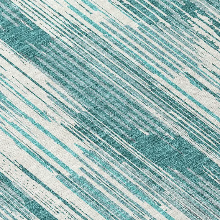 8' Teal Blue And Ivory Round Striped Washable Indoor Outdoor Area Rug