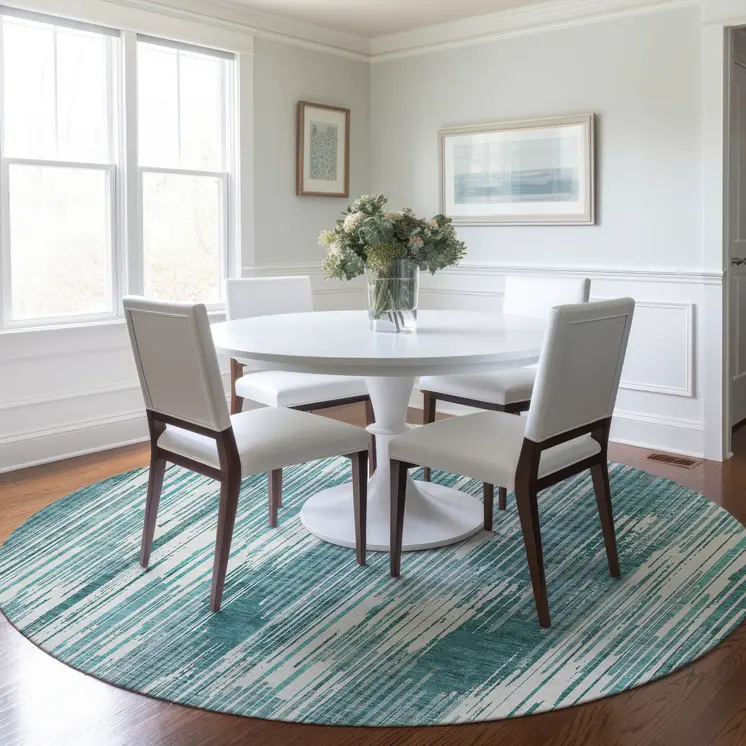 8' Teal Blue And Ivory Round Striped Washable Indoor Outdoor Area Rug