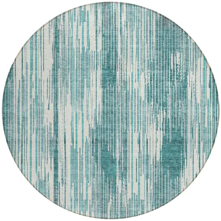8' Teal Blue And Ivory Round Striped Washable Indoor Outdoor Area Rug