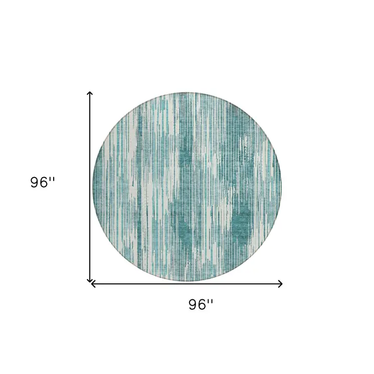 8' Teal Blue And Ivory Round Striped Washable Indoor Outdoor Area Rug