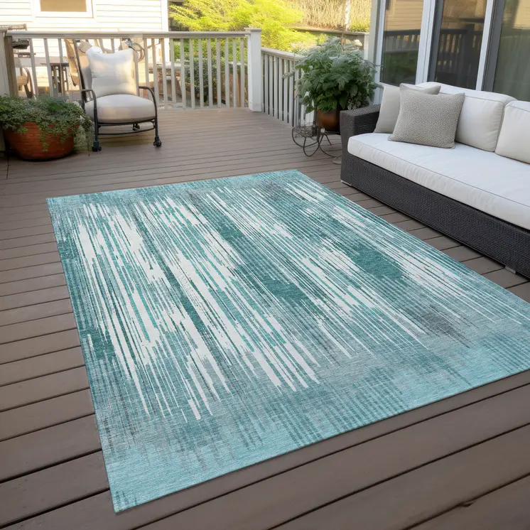 8' X 10' Teal Blue And Ivory Striped Washable Indoor Outdoor Area Rug