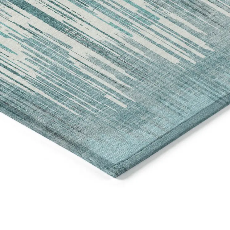 8' X 10' Teal Blue And Ivory Striped Washable Indoor Outdoor Area Rug