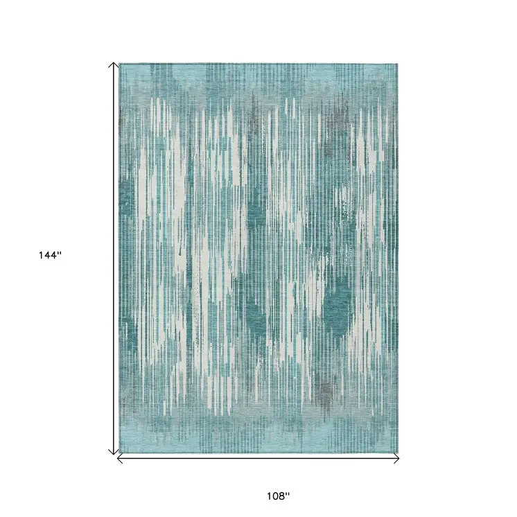 9' X 12' Teal Blue And Ivory Striped Washable Indoor Outdoor Area Rug