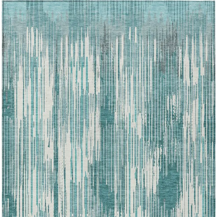 10' X 14' Teal Blue And Ivory Striped Washable Indoor Outdoor Area Rug