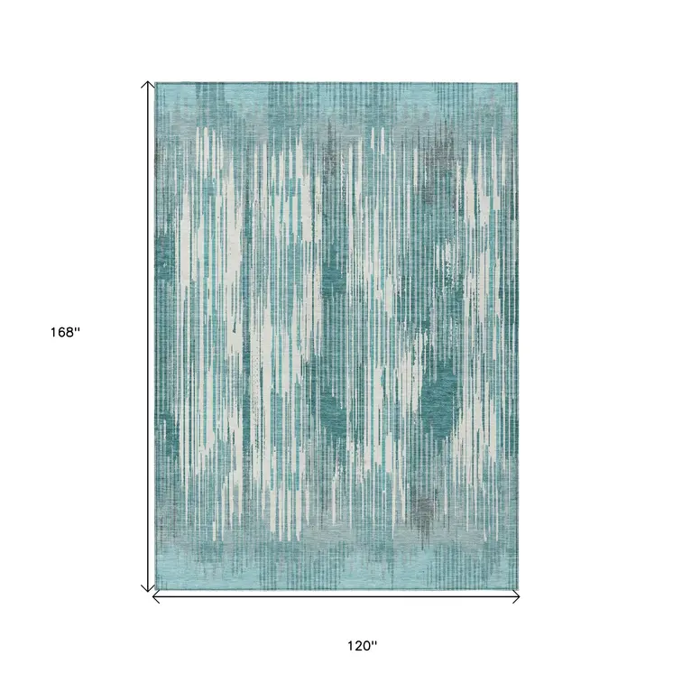 10' X 14' Teal Blue And Ivory Striped Washable Indoor Outdoor Area Rug
