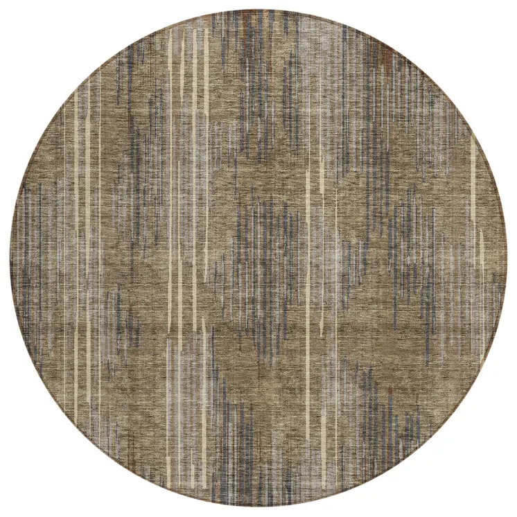 8' Taupe Gray And Ivory Round Striped Washable Indoor Outdoor Area Rug
