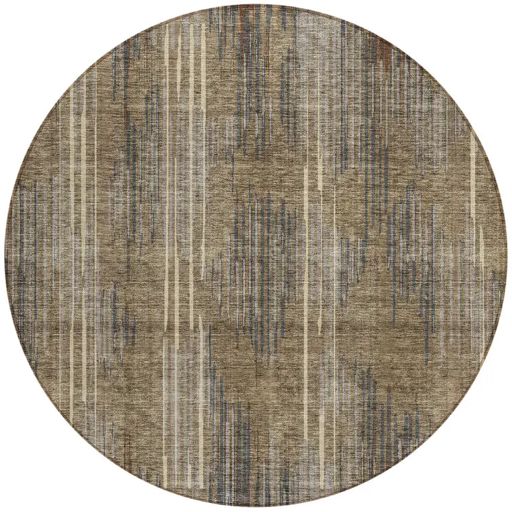 8' Taupe Gray And Ivory Round Striped Washable Indoor Outdoor Area Rug