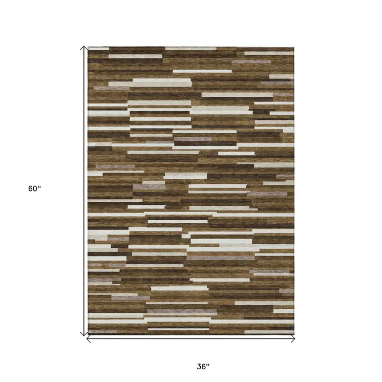 3' X 5' Brown And Ivory Striped Washable Indoor Outdoor Area Rug