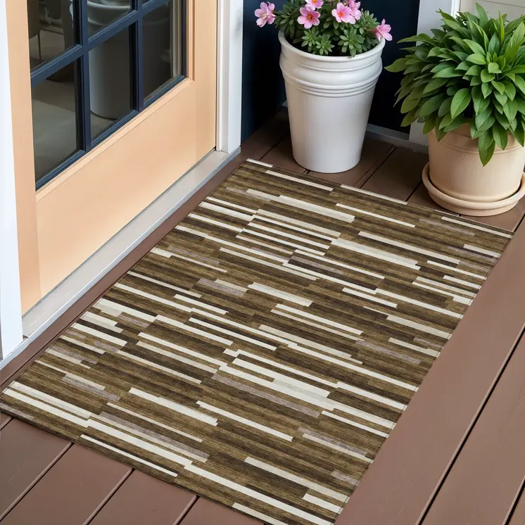 3' X 5' Brown And Ivory Striped Washable Indoor Outdoor Area Rug