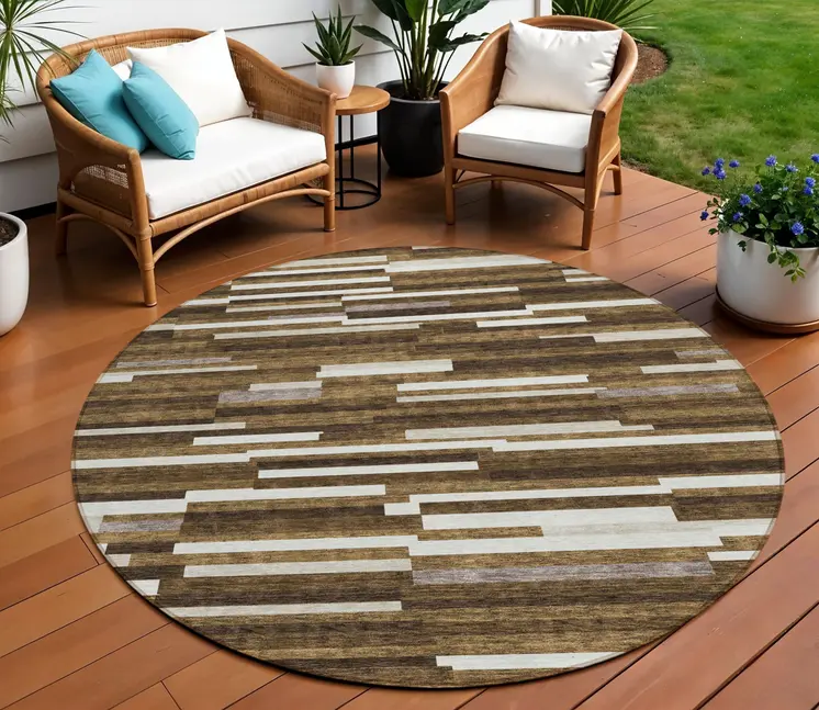 8' Brown And Ivory Round Striped Washable Indoor Outdoor Area Rug