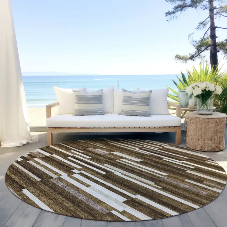 8' Brown And Ivory Round Striped Washable Indoor Outdoor Area Rug