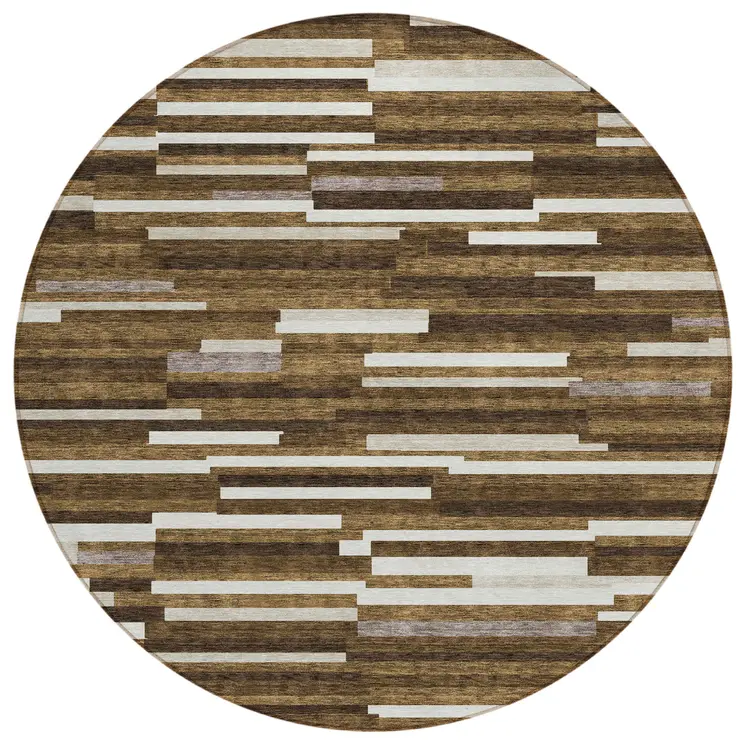 8' Brown And Ivory Round Striped Washable Indoor Outdoor Area Rug