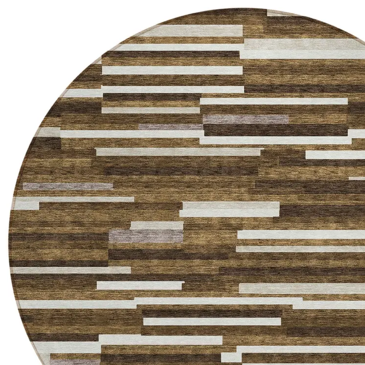 8' Brown And Ivory Round Striped Washable Indoor Outdoor Area Rug