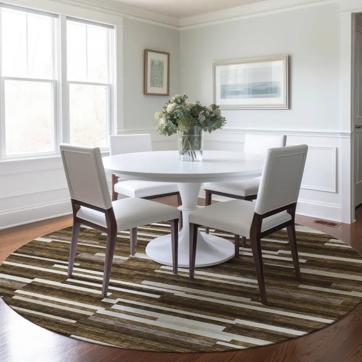 8' Brown And Ivory Round Striped Washable Indoor Outdoor Area Rug