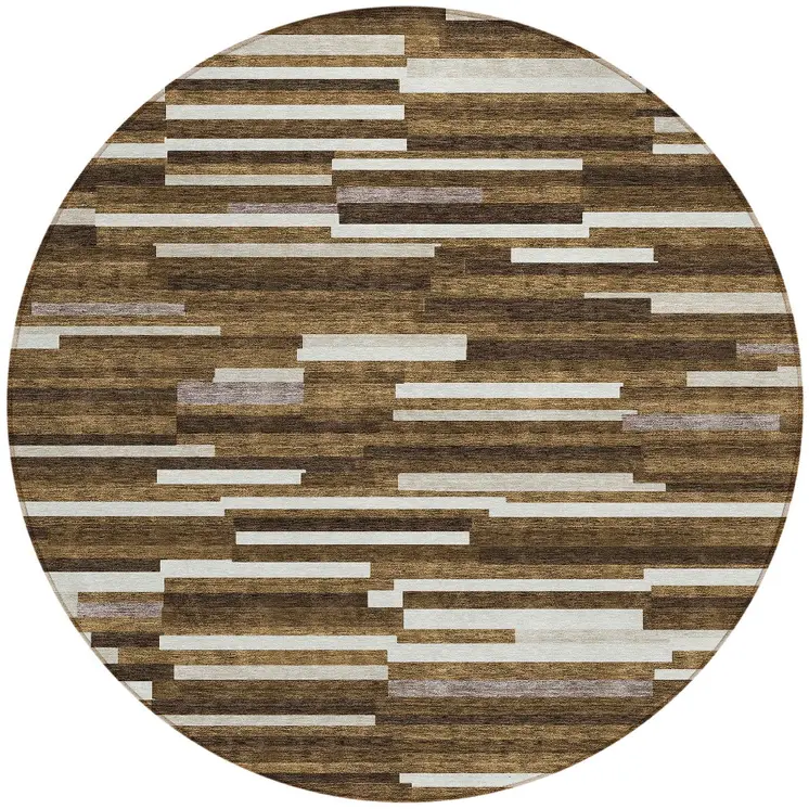 8' Brown And Ivory Round Striped Washable Indoor Outdoor Area Rug