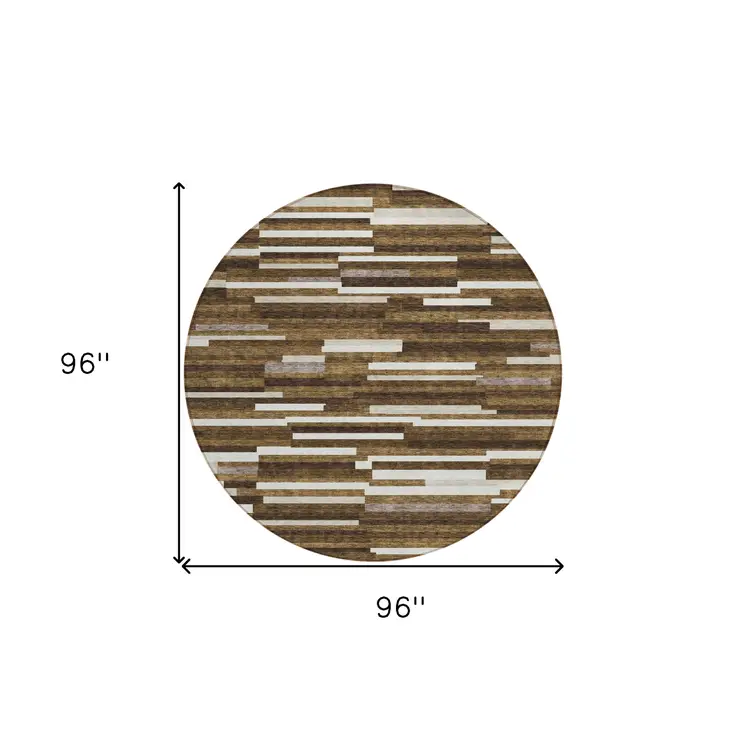 8' Brown And Ivory Round Striped Washable Indoor Outdoor Area Rug
