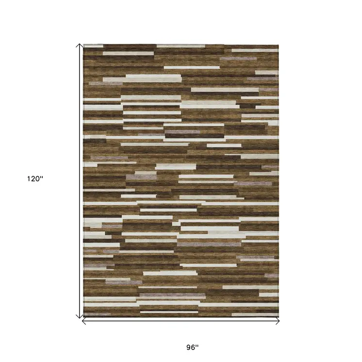 8' X 10' Brown And Ivory Striped Washable Indoor Outdoor Area Rug