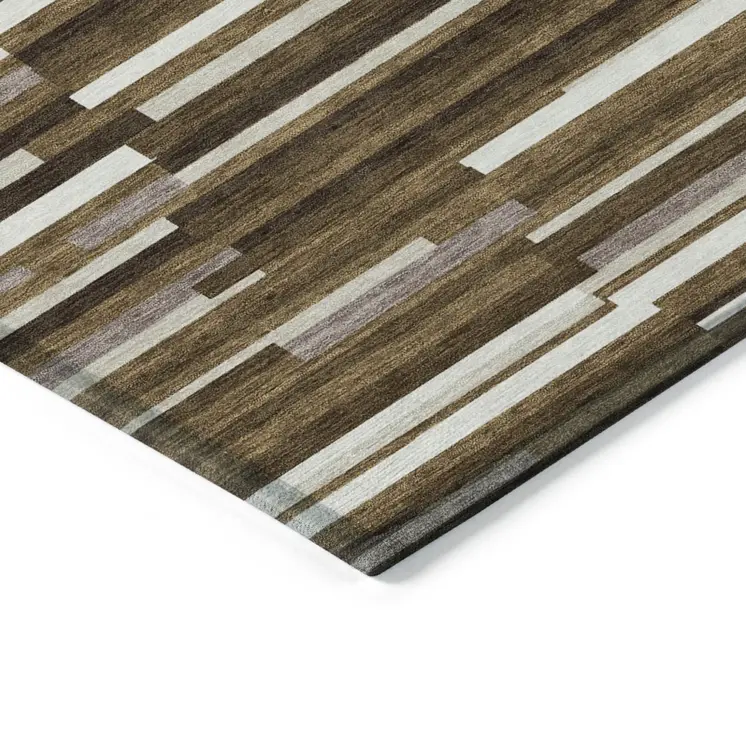 8' X 10' Brown And Ivory Striped Washable Indoor Outdoor Area Rug