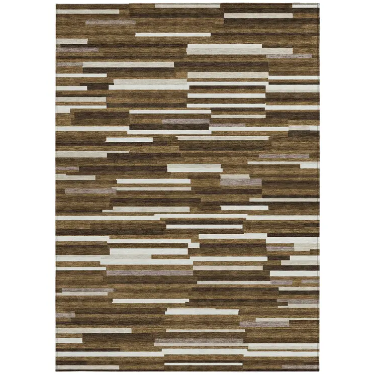 9' X 12' Brown And Ivory Striped Washable Indoor Outdoor Area Rug