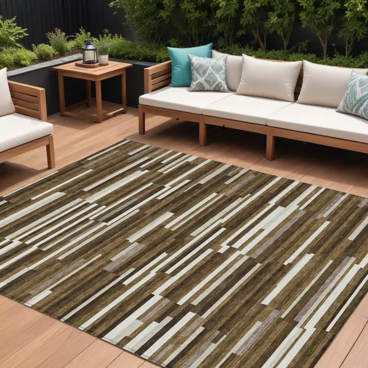 9' X 12' Brown And Ivory Striped Washable Indoor Outdoor Area Rug