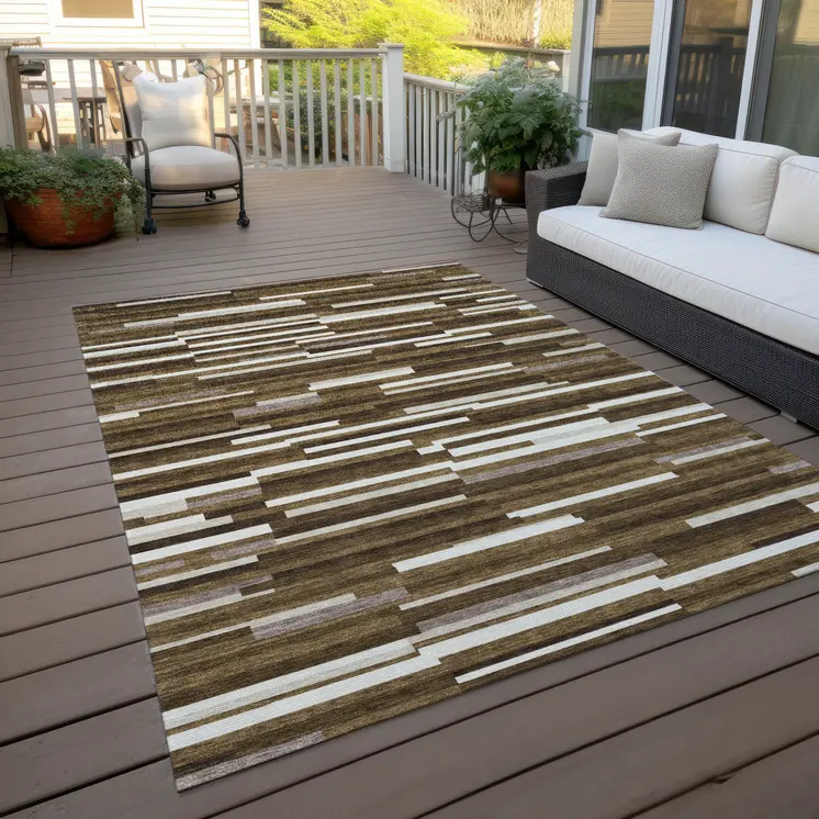 9' X 12' Brown And Ivory Striped Washable Indoor Outdoor Area Rug