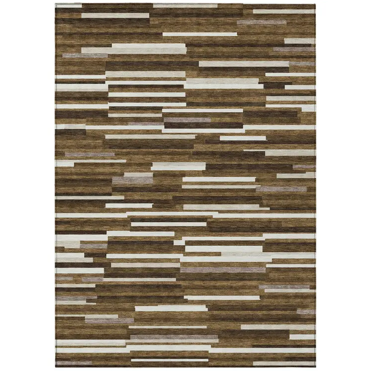 9' X 12' Brown And Ivory Striped Washable Indoor Outdoor Area Rug
