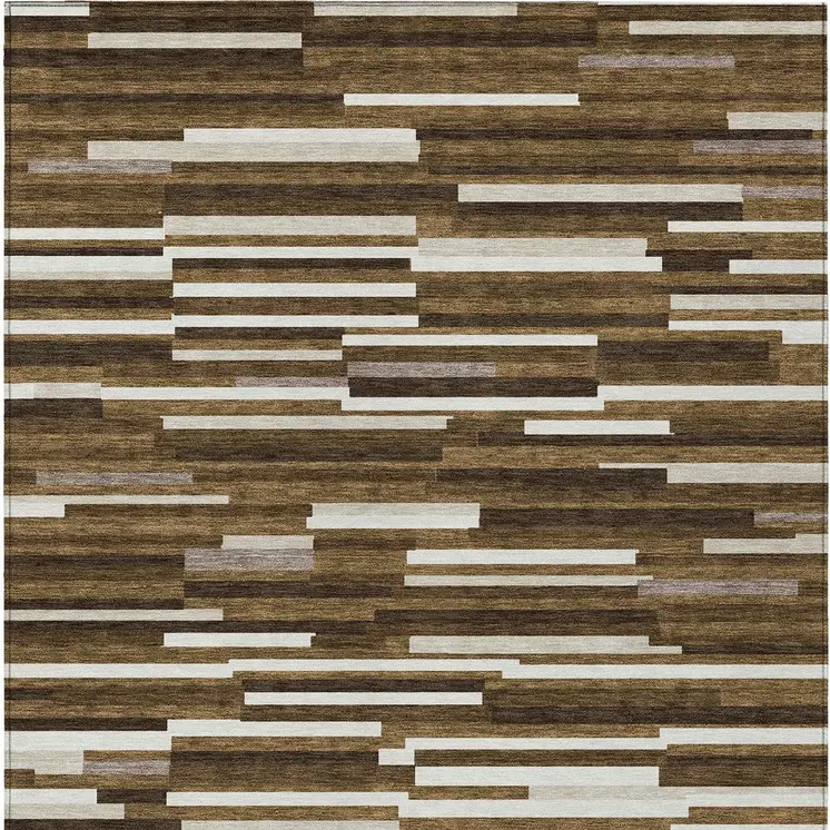9' X 12' Brown And Ivory Striped Washable Indoor Outdoor Area Rug