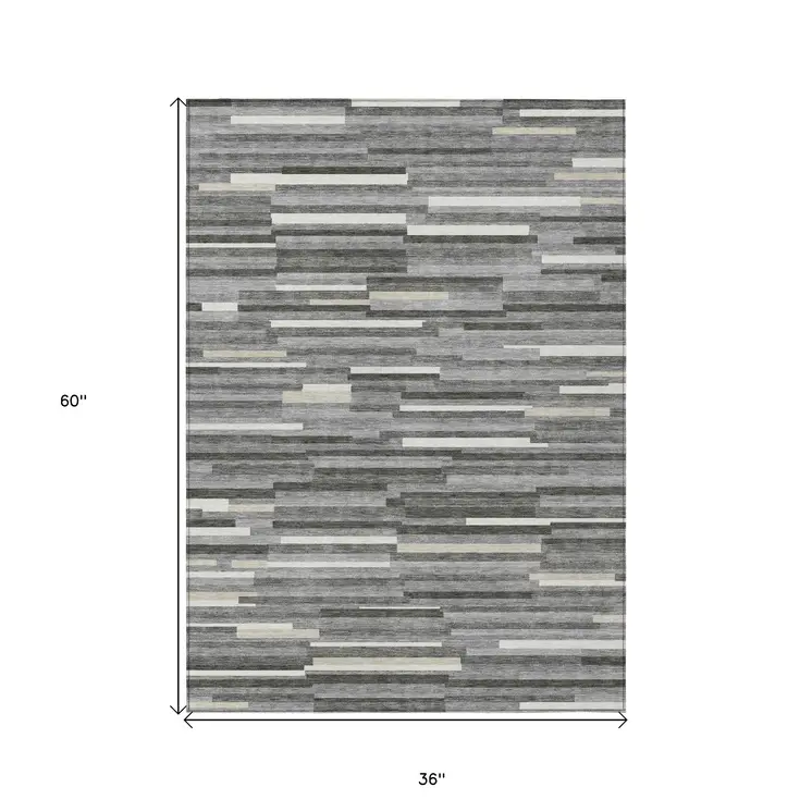 3' X 5' Gray And Ivory Striped Washable Indoor Outdoor Area Rug