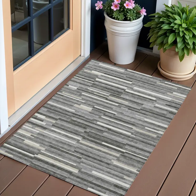 3' X 5' Gray And Ivory Striped Washable Indoor Outdoor Area Rug