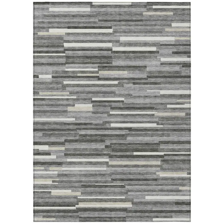 3' X 5' Gray And Ivory Striped Washable Indoor Outdoor Area Rug