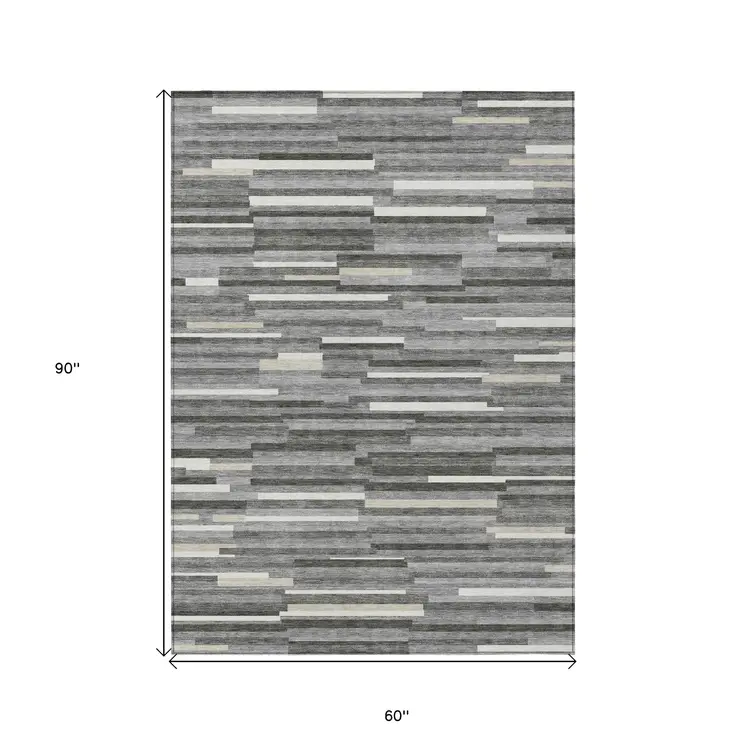 5' X 8' Gray And Ivory Striped Washable Indoor Outdoor Area Rug