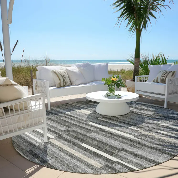 8' Gray And Ivory Round Striped Washable Indoor Outdoor Area Rug