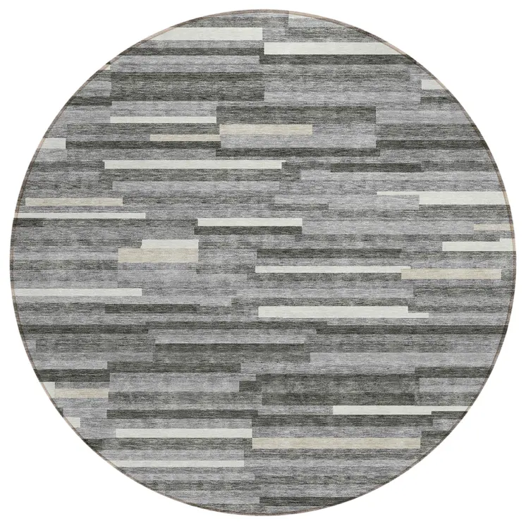 8' Gray And Ivory Round Striped Washable Indoor Outdoor Area Rug