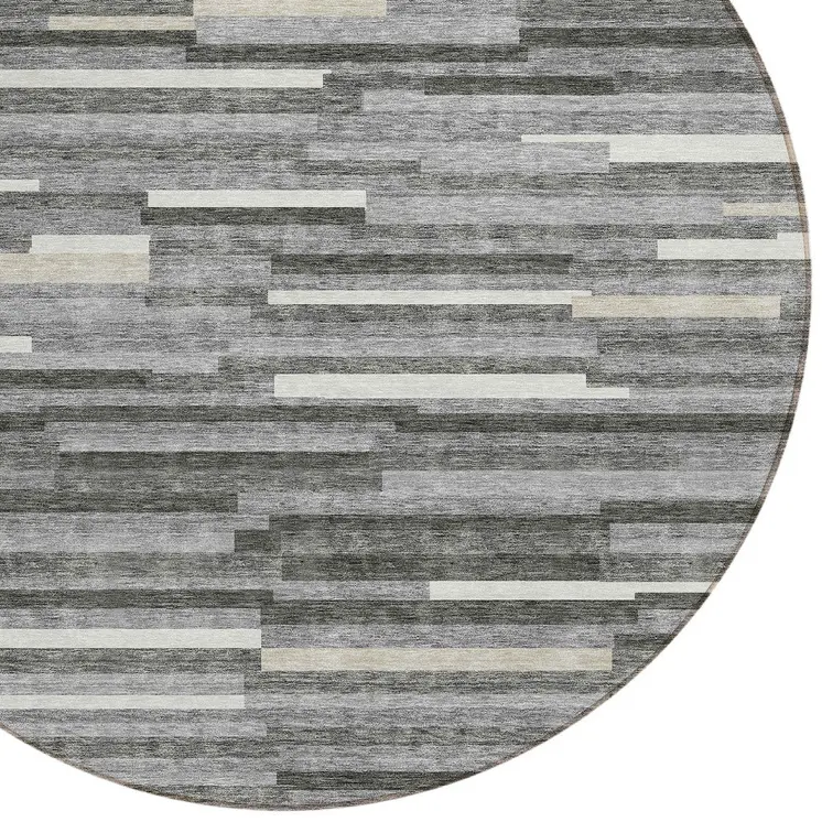 8' Gray And Ivory Round Striped Washable Indoor Outdoor Area Rug