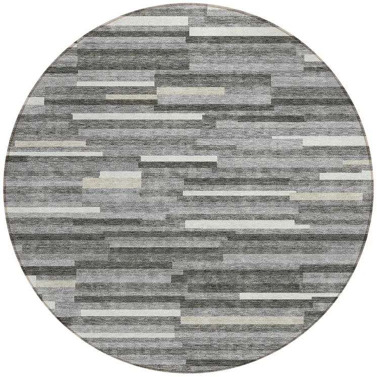 8' Gray And Ivory Round Striped Washable Indoor Outdoor Area Rug
