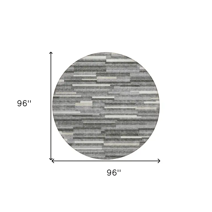 8' Gray And Ivory Round Striped Washable Indoor Outdoor Area Rug