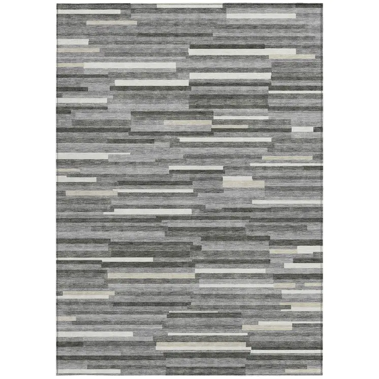 8' X 10' Gray And Ivory Striped Washable Indoor Outdoor Area Rug