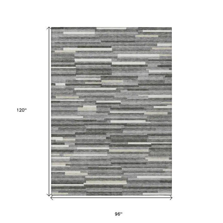 8' X 10' Gray And Ivory Striped Washable Indoor Outdoor Area Rug