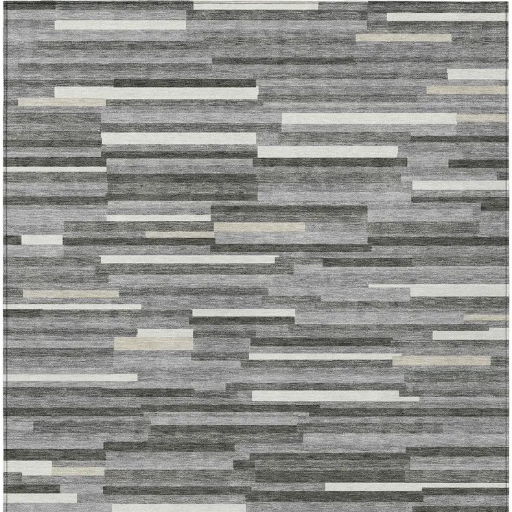 9' X 12' Gray And Ivory Striped Washable Indoor Outdoor Area Rug